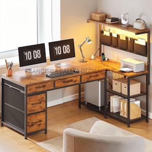 May include: An L-shaped desk with a wood-look surface and black metal frame. The desk has drawers, shelves, and a hutch with storage and lighting. Two computer monitors display the time 10:08. The desk is in a home office setting.