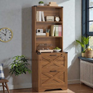 May include: A wooden bookcase and cabinet combination with a warm brown finish. The upper section features shelves with books, a radio, and a clock. The lower section has two drawers with an X-shaped design. A record player sits on top.