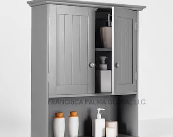 Wooden Wall Mount Bathroom Cabinet, Medicine Storage Organizer with 2 Doors and Shelves, Cottage Collection Hanging Cupboard for Home