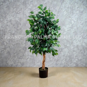 May include: A tall artificial tree with vibrant green leaves and a brown, braided trunk. The tree is potted in a black container and stands against a textured gray background. The text "FRANCISCO PALMA GLOBAL LLC" is visible.