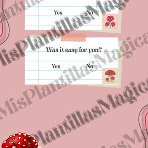 May include: A pink background with two white cards featuring the questions "Did y achieve your goal?" and "Was it easy for you?" with "Yes" and "No" options. Decorative stamps and mushroom illustrations are included.