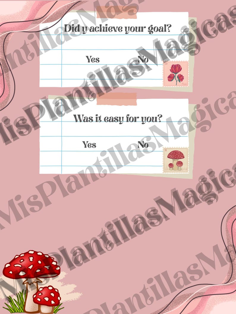 May include: A pink background with two white cards featuring the questions "Did y achieve your goal?" and "Was it easy for you?" with "Yes" and "No" options. Decorative stamps and mushroom illustrations are included.