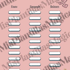 May include: A pink saving tracker with the words "Saving tracker" at the top. The tracker has columns for date, deposit, and balance. The phrase "You got this" is at the bottom, along with illustrations of money and flowers.