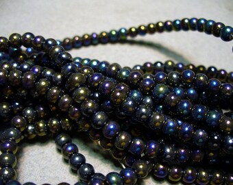 Glass Beads Purple Peacock Black Round 4MM