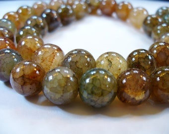 Crackle Glass Beads Olive Greens  (Looks like Agate) 10mm