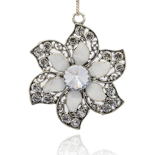 Pendant White Resin Inlay Flower w/Clear Rhinestones and Antique Silver Filigree Metal 79x59mm