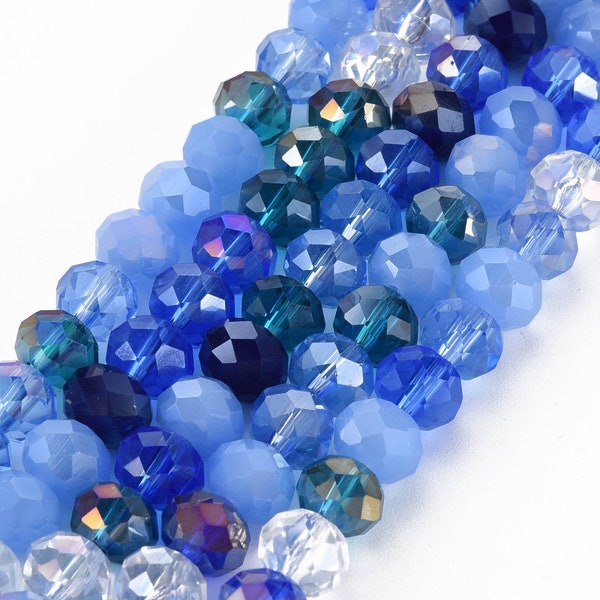 Crystal Beads Faceted Mixed Colors of Blues, Teal and Clear Rondelles 8x6mm