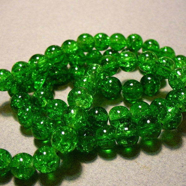 50 - 8MM Dark Green Crackle Glass Beads