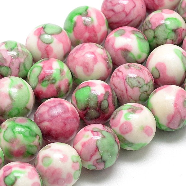 Jade Beads Round Pinks Green and White 10MM