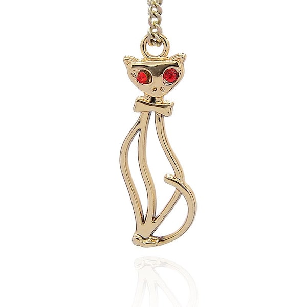 Cat Charm Gold Finish with Red Rhinestone Eyes 34mmx11mm