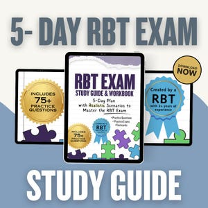 Może przedstawiać: Cyfrowy przewodnik do egzaminu RBT, z tekstem "5-DAY RBT EXAM STUDY GUIDE & WORKBOOK". Przewodnik zawiera pytania praktyczne, egzaminy praktyczne i fiszki. Okładka przedstawia niebieską wstążkę i elementy układanki.