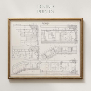 Pode incluir: Impressão emoldurada com plantas arquitetônicas de cornijas, em uma moldura dourada. A impressão inclui o texto "FOUND PRINTS" no topo. As plantas detalhadas em preto e branco mostram vários projetos arquitetônicos.