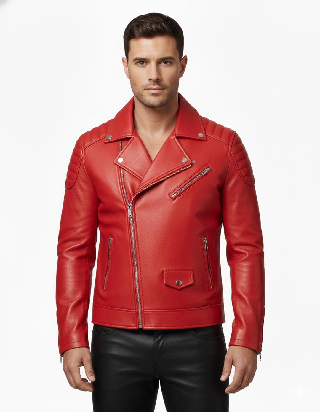 Men's Red Leather Biker Jacket Genuine Lambskin Moto Jacket Punk — free download