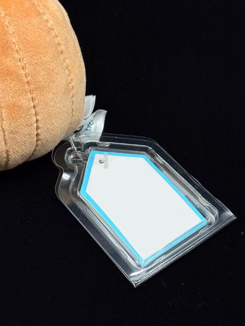 May include: A plush, tan-colored stuffed animal with a clear plastic tag attached. The tag has a white insert with a light blue border. The background is black.
