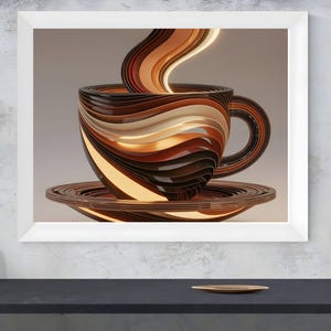 May include: A framed art print featuring a 3D rendering of a coffee cup and saucer. The cup and saucer are constructed from layered strips of brown, tan, and cream-colored materials. A stream of coffee-colored material flows from the cup.