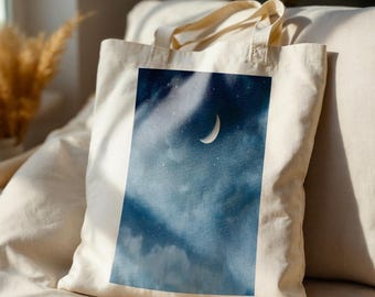 Celestial Tote Bag, Whimsical Tote, Cute Tote Bag, Whimsical Moon, 100% Cotton, Aesthetic Tote Bag, Dreamy Bag, Watercolor Art