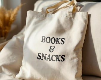 Books & Snacks Tote Bag, Book Lover Gift, Cute Tote Bag, Bookish Gift, Canvas Tote Bag, Bookworm Gift, Aesthetic Tote Bag, Book Girlie