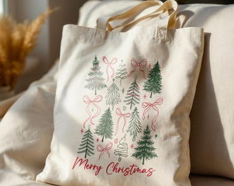 Merry Christmas Tote Bag, Whimsical Christmas Tote, Canvas Tote Bag, Christmas Tree, 100% Cotton, Whimsical Christmas