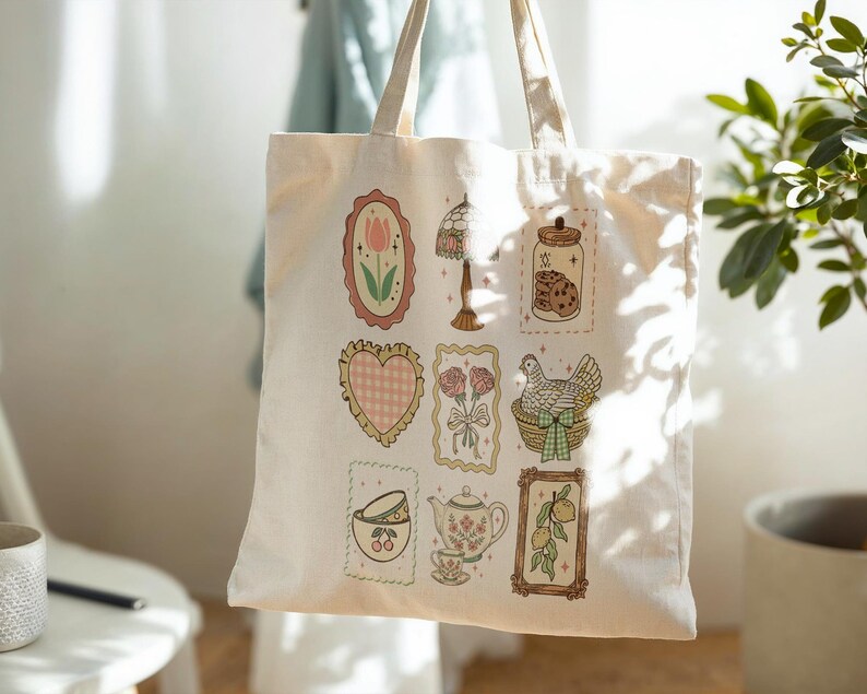 May include: Cream-colored tote bag featuring various illustrations in a vintage style. The designs include a tulip, a heart, a lamp, a jar of cookies, a bouquet of roses, a chicken in a basket, a teacup, a teapot, and a lemon branch.