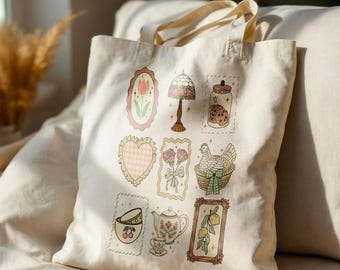 Grandmacore Gift, Cute Vintage Tote Bag, Farmhouse Bag, Canvas Tote Bag, Coquette Stamps Bag,  Cute Tote Bag, Cottagecore, Thrifting Bag