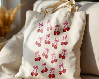 Coquette Cherries Tote Bag, Cute Tote Bag, Cute Cherries Gift, Canvas Tote Bag, Pink Bows, 100% Cotton, Coquette, Aesthetic Tote Bag