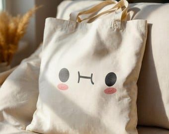 Torba Kawaii, śliczna torba, prezent Kawaii, torba płócienna, torba z motywem twarzy Kawaii, śliczna torba, 100% bawełna