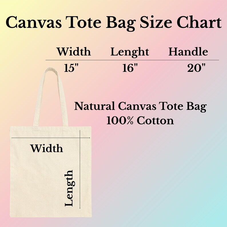 May include: A natural canvas tote bag with dimensions displayed in a size chart. The bag's width is 15 inches, length is 16 inches, and the handle is 20 inches. The bag is made of 100% cotton.