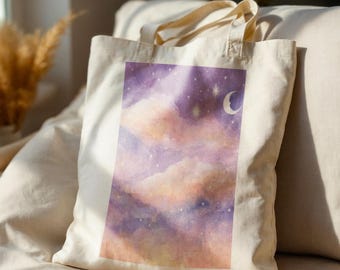 Celestial Tote Bag, Whimsical Tote, Cute Tote Bag, Whimsical Moon, 100% Cotton, Aesthetic Tote Bag, Dreamy Bag, Watercolor Art
