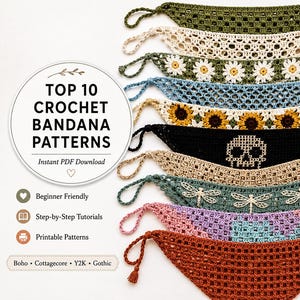 Top 10 Crochet Bandana Pattern Bundle | DIY Granny, Boho, Fishnet, Floral Scarf | PDF Tutorial