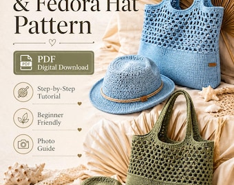 Mönster för virkad strandväska med fedorahatt | Nätväska med enkel handledning i PDF-format