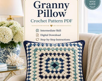Granny Square Crochet Pillow Pattern, Intermediate Cushion Cover (PDF Download)
