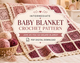 Baby Blanket Crochet Pattern PDF, Intermediate Join As You Go Square Motif Blanket, DK Yarn Nursery Afghan