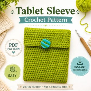 Op de afbeelding: Een limoengroene gehaakte tablethoes met een flap die wordt vastgezet met een gestreepte blauwe en groene knoop. De afbeelding bevat de tekst Tablet Sleeve Crochet Pattern, PDF Pattern, Easy, Instant Download en Digital Pattern Not a Finished Item.