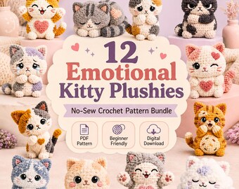 12 No-Sew Emotional Cat Amigurumi Crochet Patterns Bundle, Beginner Friendly, (PDF Download)