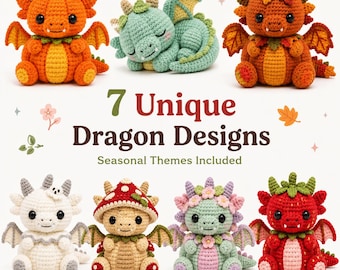 7 Seasonal Crochet Dragon Amigurumi Patterns Bundle | Intermediate PDF Pattern | Pumpkin Mushroom Sleeping Dragon