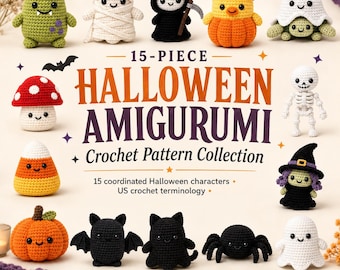 Halloween Amigurumi Crochet Pattern Bundle | 15 Spooky Characters | Intermediate PDF Pattern | Ghost Pumpkin Witch Bat