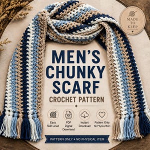 Men's Chunky Striped Scarf Crochet Pattern with Tassels, Easy PDF (Digital Download)