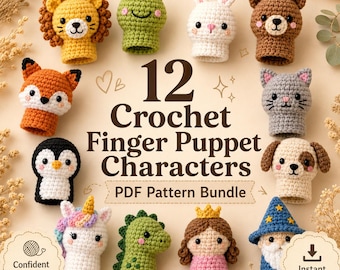 Crochet Finger Puppet Animals Pattern, 12 Cute Amigurumi Characters, Beginner-Friendly PDF