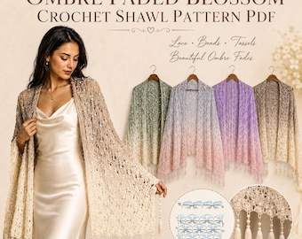 Ombre Faded Blossom Crochet Shawl Pattern (PDF), Intermediate Lace Wrap, Tassel Beaded Scarf