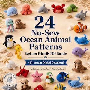 Colección de mini criaturas marinas para tejer a crochet, patrones de amigurumi sin costuras - Paquete de 24