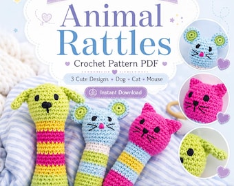 Animal Rattles Crochet Pattern – Dog, Cat & Mouse Baby Rattle Set (PDF Download)