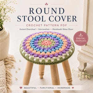 May include: A round stool cover crochet pattern PDF featuring a colorful, circular granny square design in shades of pink, green, blue, and purple. The text reads ROUND STOOL COVER, CROCHET PATTERN PDF, Instant Download, Intermediate, Handmade Home Decor.
