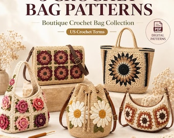 Crochet Granny Square Bag Pattern Bundle | 5 Boutique Handbag Designs | Raffia, Crossbody | Intermediate | PDF