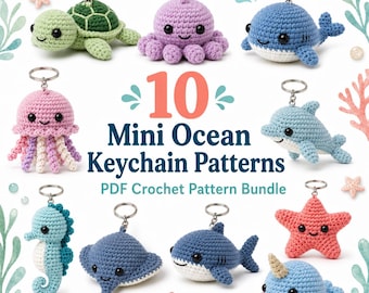 Crochet Amigurumi Keychain Pattern Bundle | 10 Mini Ocean Animals | Intermediate + Easy Amigurumi Patterns | PDF