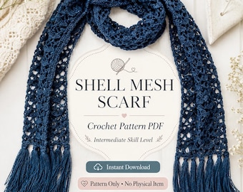 Shell Mesh Scarf Crochet Pattern PDF, Intermediate Lace Scarf Pattern, Tassel Crochet Wrap Digital Download