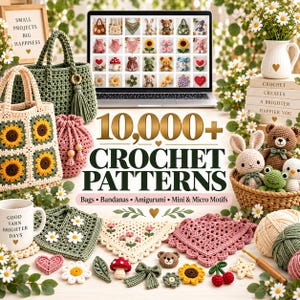 Puede incluir: Una colección digital de más de 10.000 patrones de ganchillo que incluye bolsos, bandanas, amigurumis y motivos. La imagen muestra una pantalla de portátil con cuadrículas de patrones y varios artículos tejidos como bolsos, peluches y flores.