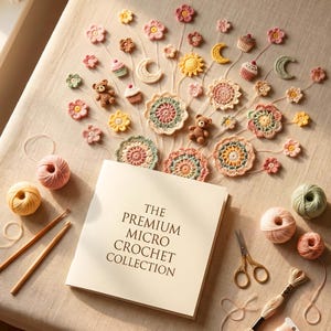 Puede incluir: Una colección de artículos de ganchillo hechos a mano, incluyendo flores y ositos de peluche, dispuestos sobre una superficie beige. El libro "The Premium Micro Crochet Collection" está abierto, con hilo, tijeras y ganchos de ganchillo cerca.