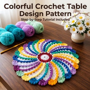 May include: A colorful, crocheted table design pattern is displayed on a wooden table. The pattern is a circular design with a spiral of rainbow colors. The image also shows balls of yarn in teal, purple, and green, along with a crochet hook and a vase of daisies.