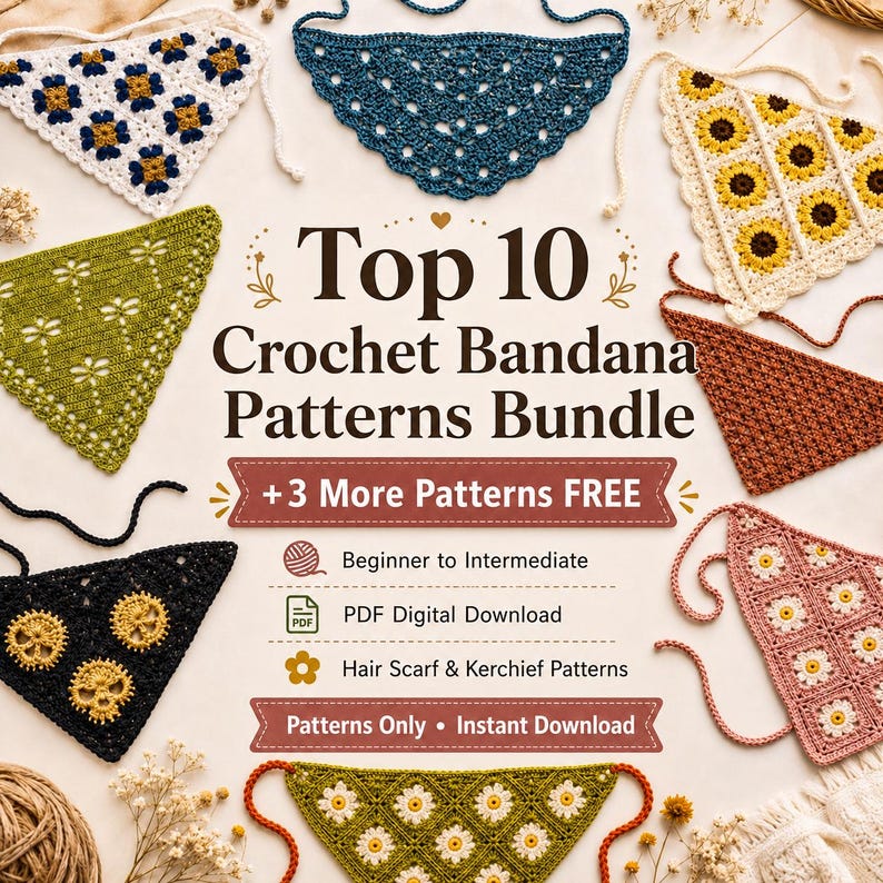 May include: A collection of ten crochet bandana patterns displayed as a digital bundle. The image features various triangular headscarves in colors like white, blue, yellow, green, black, and pink, with floral, skull, and lace designs and text.