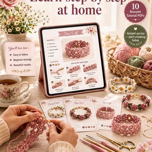 May include: A digital crochet tutorial with step-by-step instructions for making lace cuff bracelets. The image shows a tablet displaying the tutorial, along with materials, finished bracelets, and the text "Learn step by step at home."